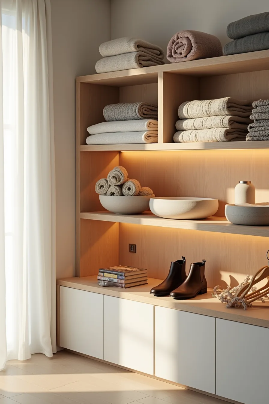 Open wooden shelves displaying folded sweaters, rolled scarves in a ceramic bowl, leather shoes, and hanging garments.
