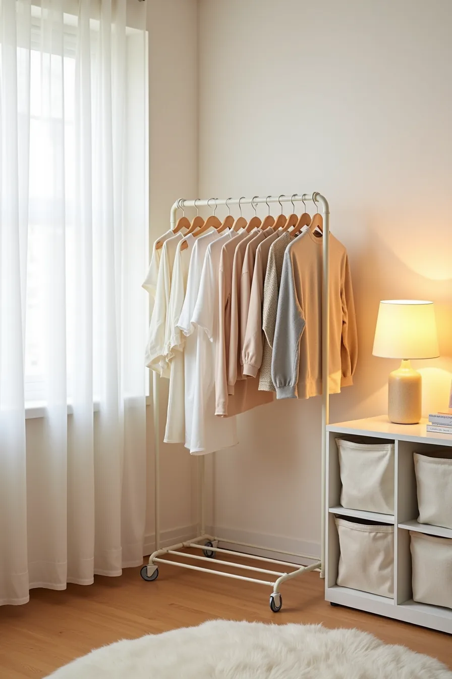 Freestanding clothing rack with removable hooks beside a plastic storage organizer with fabric bins.
