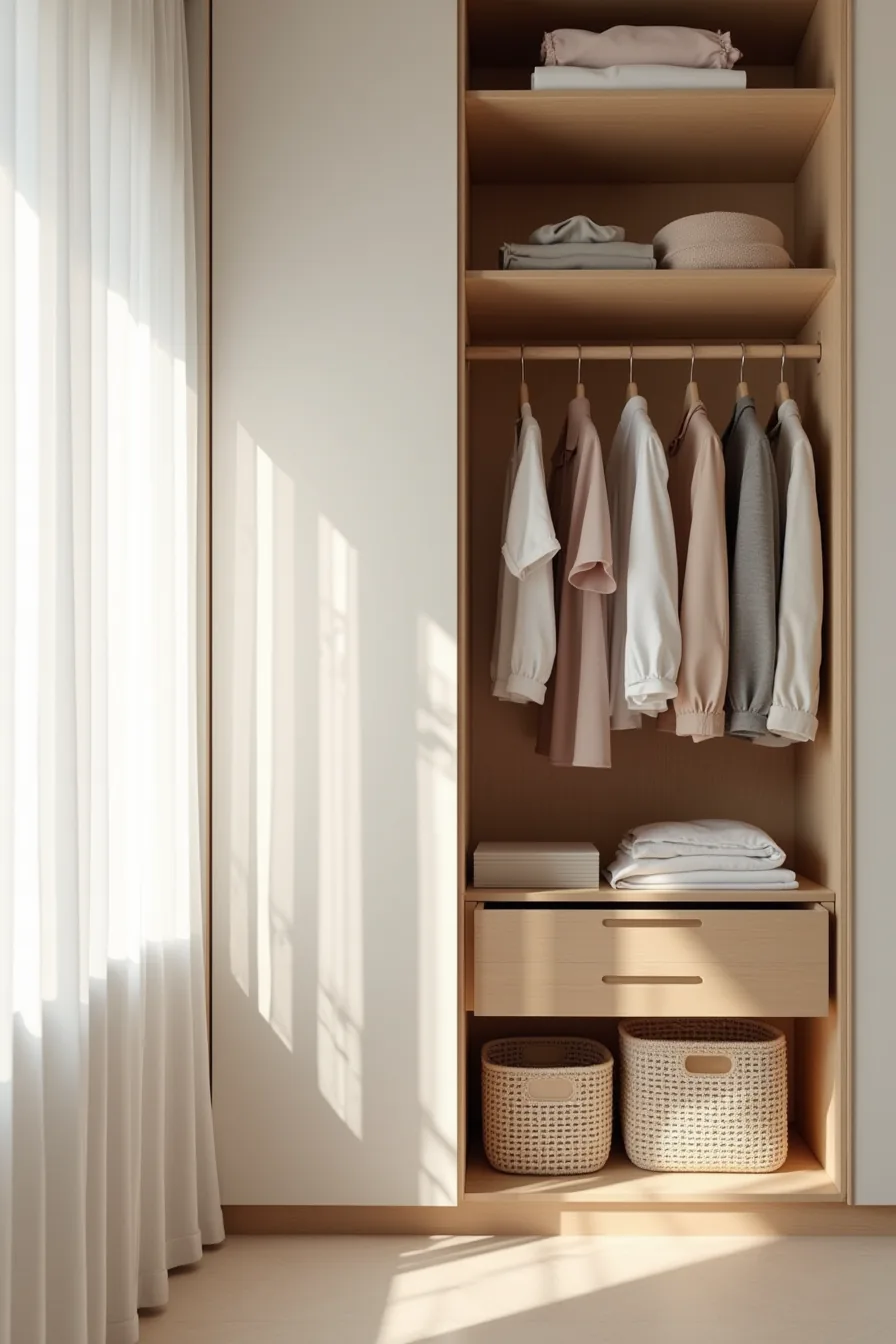 Closed wardrobe cabinet on left contrasts with open shelving displaying stacked clothing and woven dividers on right.