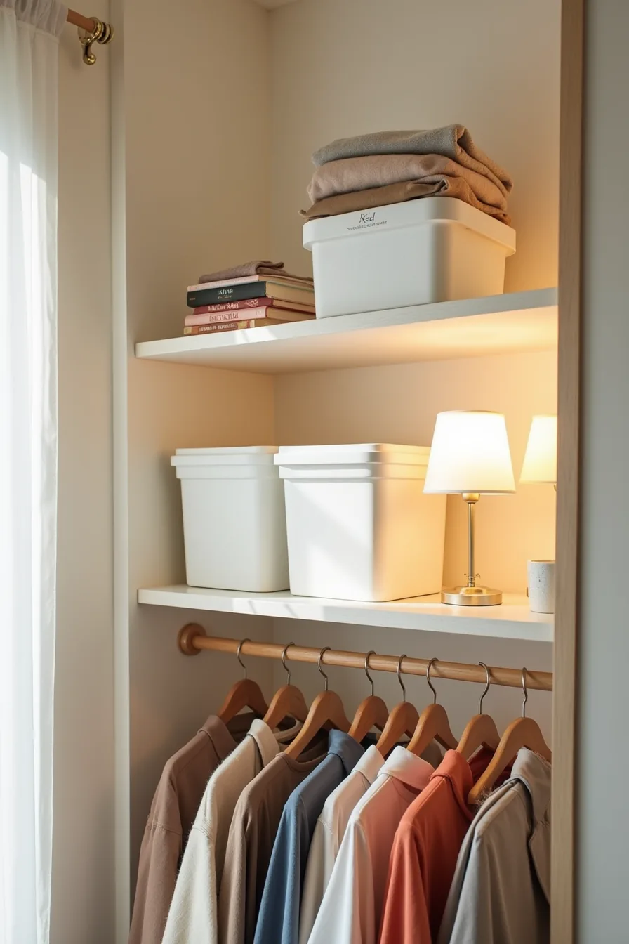 Three stacked plastic storage boxes on upper shelf with cedar blocks visible, active-season clothing on hangers below.
