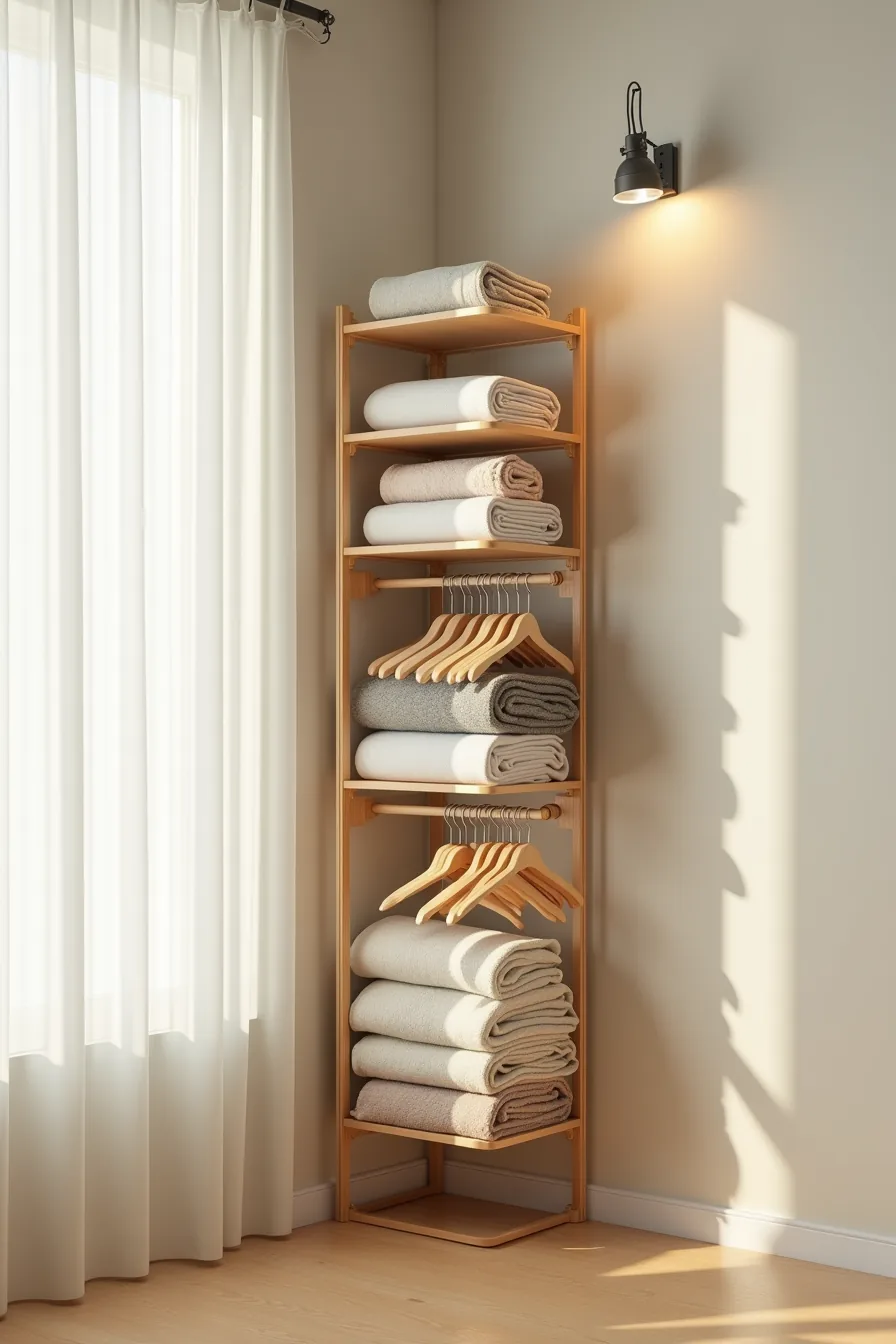 Tension rod in corner with stacked folded items on wooden hangers and rolled sweaters on shelf above.