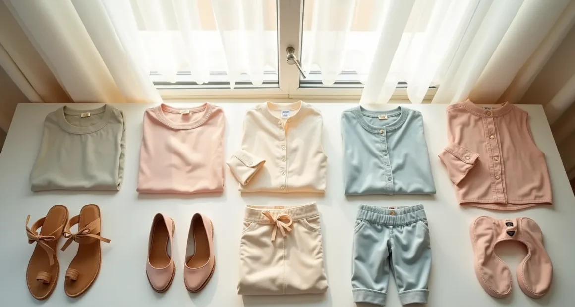 Five coordinated outfits laid flat in rows, each showing folded clothing, shoes, and accessories.