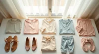 Five coordinated outfits laid flat in rows, each showing folded clothing, shoes, and accessories.