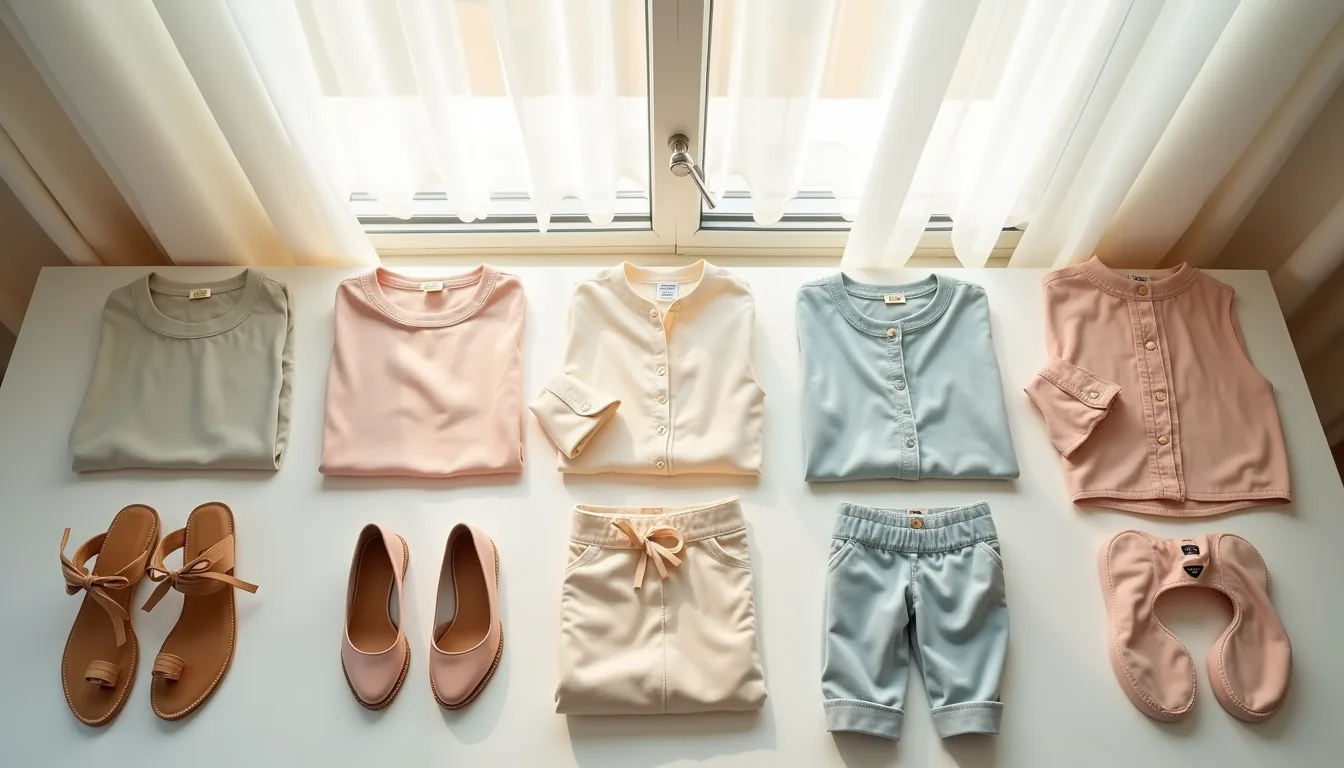 Five coordinated outfits laid flat in rows, each showing folded clothing, shoes, and accessories.