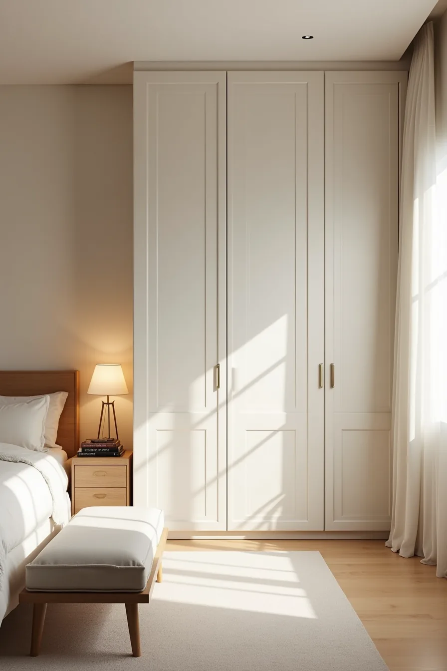 Centered wardrobe with bench seating positioned in front and adequate clearance on both sides, with bed visible at a