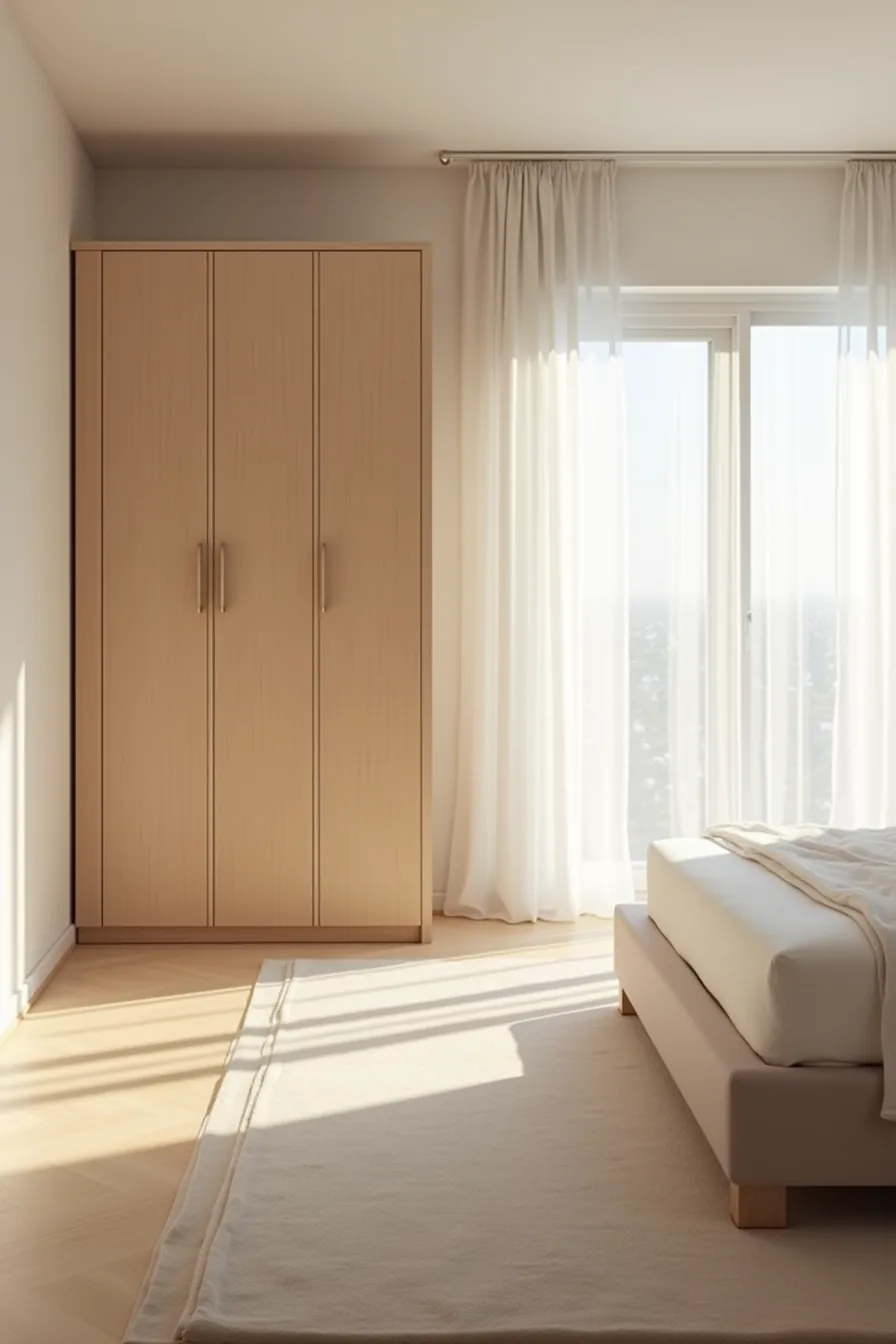 Corner wardrobe positioned perpendicular to bed headboard with clear floor space between them and an unobstructed window