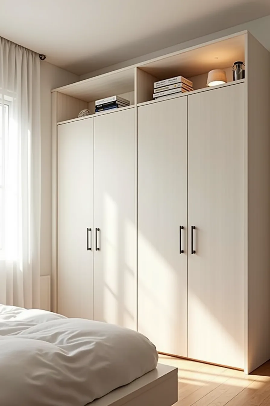 Seamless modular wardrobe panels painted to match the wall with an accent shelf above, viewed straight-on from the bed.