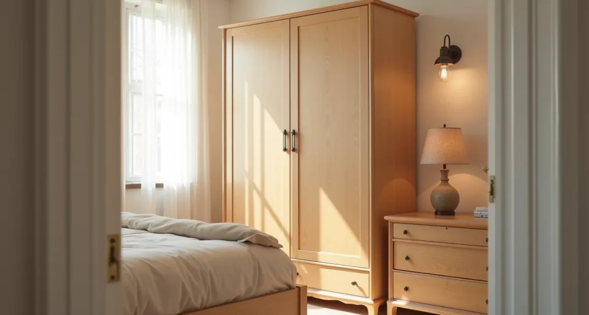 Wooden wardrobe with two doors stands perpendicular to a bed with neutral bedding, lit by morning window light from the