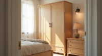 Wooden wardrobe with two doors stands perpendicular to a bed with neutral bedding, lit by morning window light from the