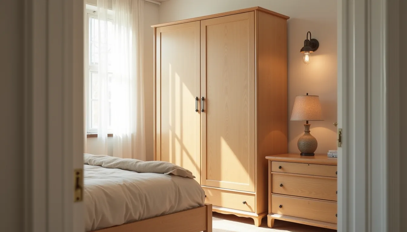 Wooden wardrobe with two doors stands perpendicular to a bed with neutral bedding, lit by morning window light from the