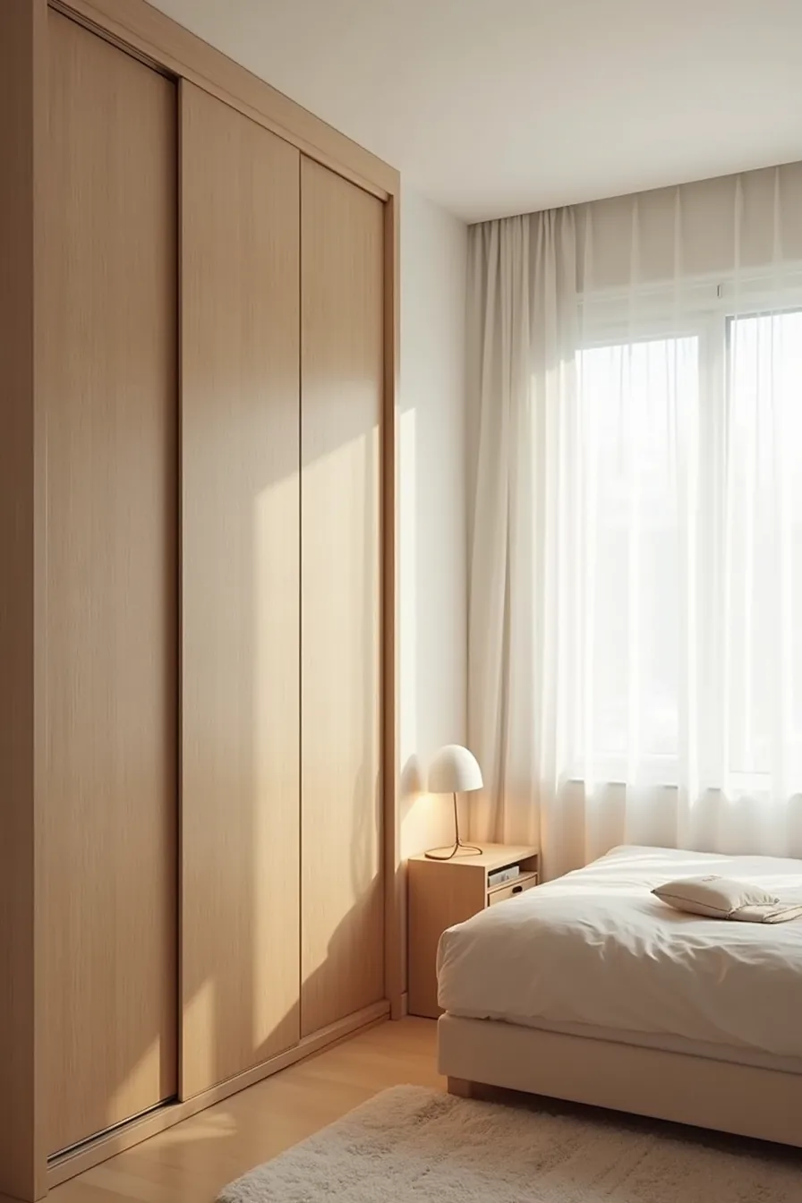 Tall sliding-door wardrobe in an alcove with bed and nightstand tightly positioned on the opposite wall in a compact space.