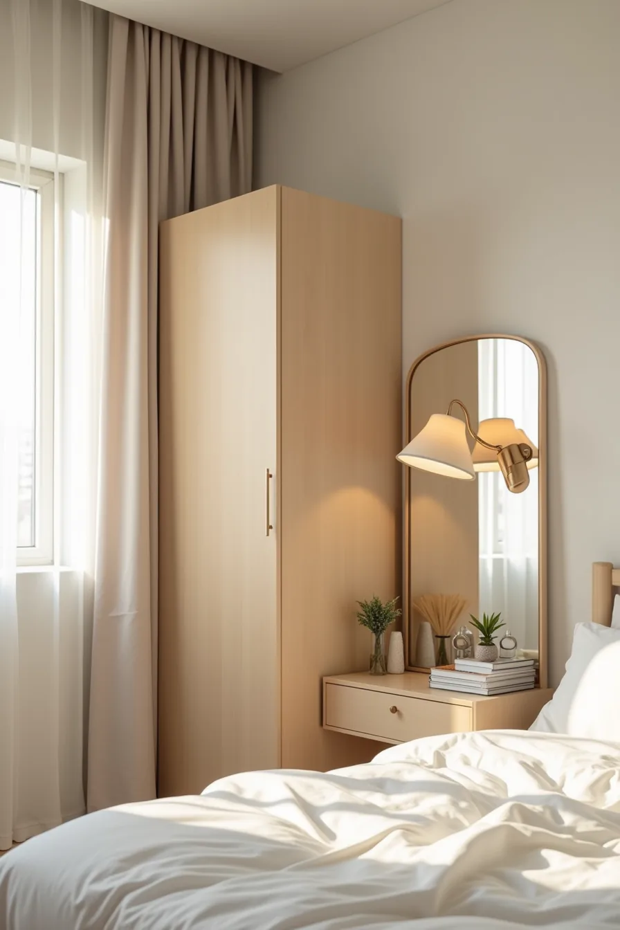 Wardrobe with overhead task light, adjacent mirror reflection, styling table with accessories, and bed in the background.