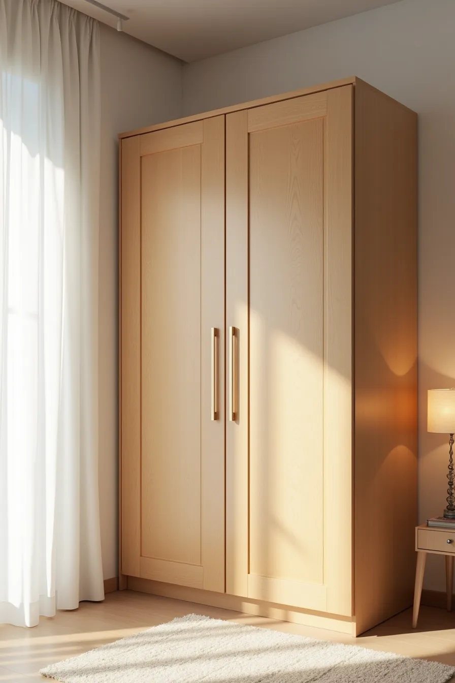 Solid wood wardrobe beside a veneer wardrobe showing the textural difference between natural grain and smooth finished