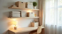 Wall-mounted shelves in a small corner hold stacked storage boxes, rolled fabrics, and a desk organizer bathed in natural