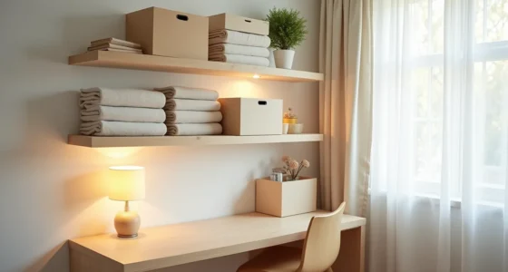 Wall-mounted shelves in a small corner hold stacked storage boxes, rolled fabrics, and a desk organizer bathed in natural