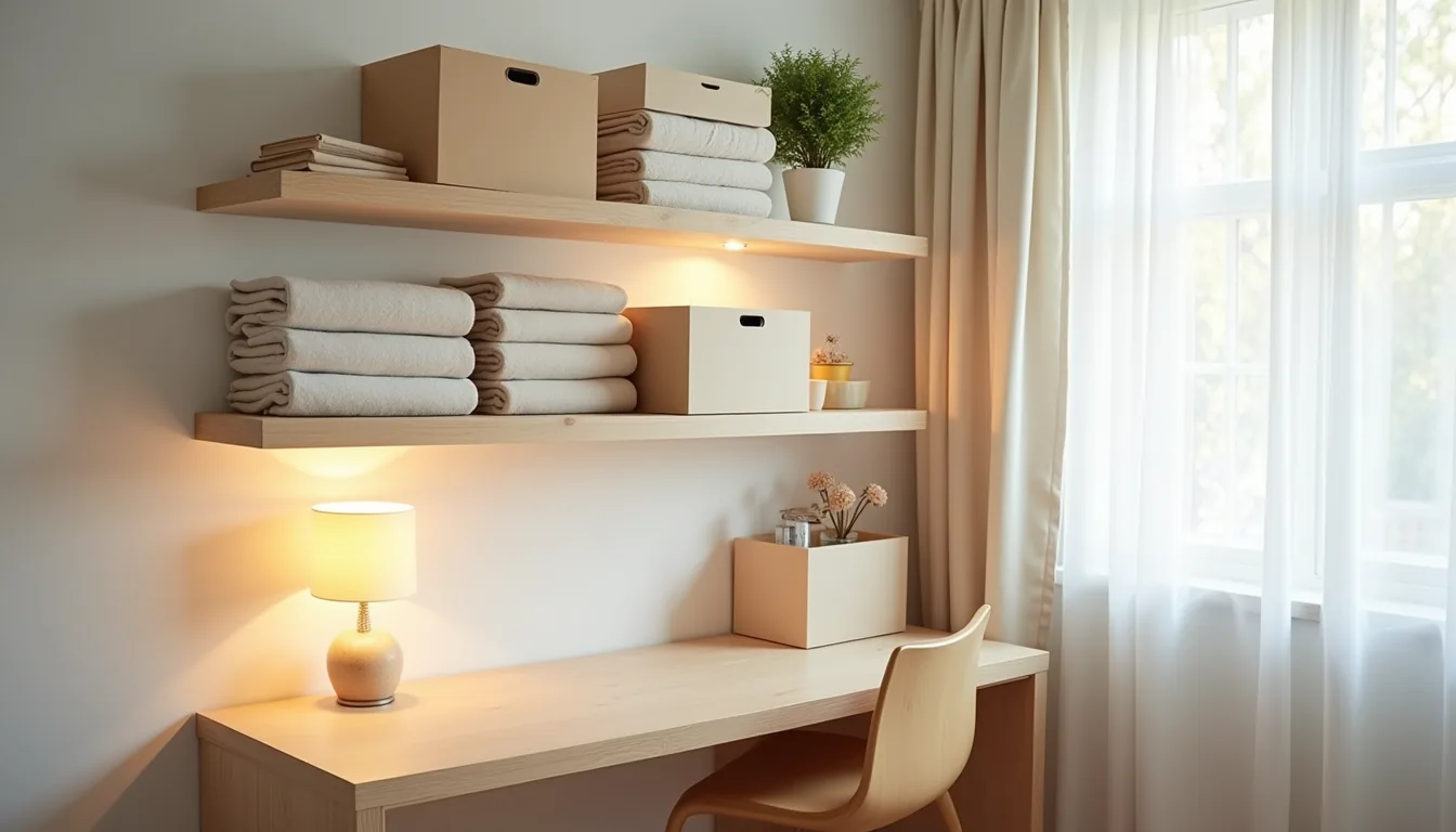 Wall-mounted shelves in a small corner hold stacked storage boxes, rolled fabrics, and a desk organizer bathed in natural