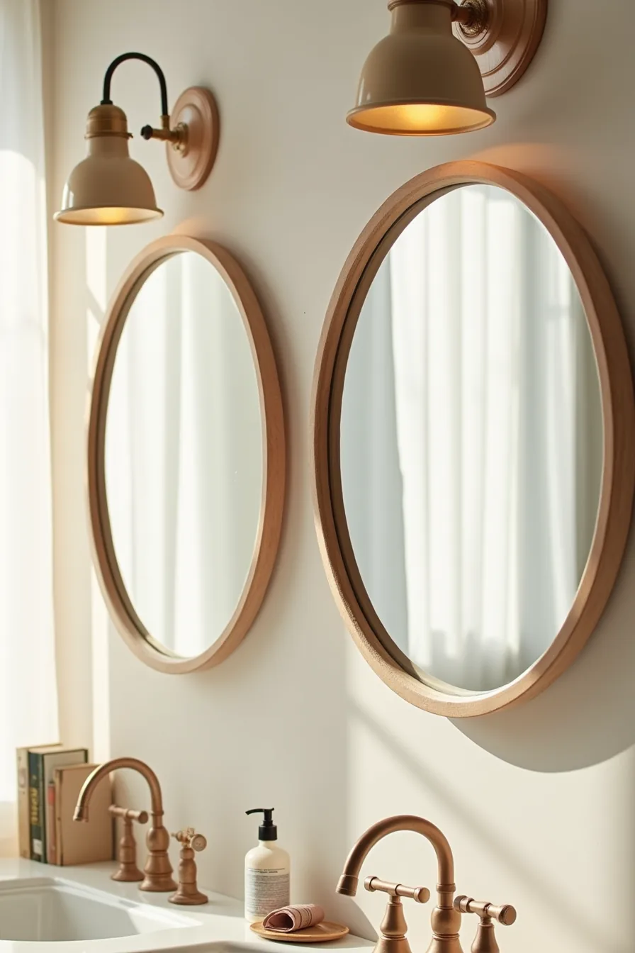 Wooden-framed and frameless mirrors hang side by side above a bathroom sink with visible water spots.