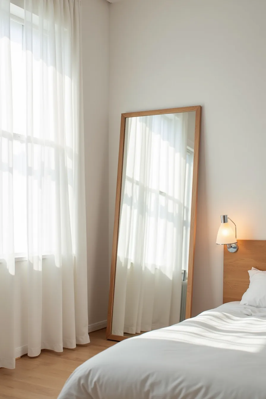 Floor-to-ceiling frameless mirror positioned between a bedroom window and bed headboard, reflecting natural light.