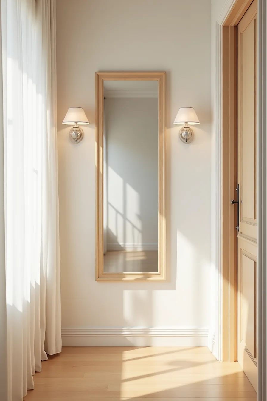 Tall narrow mirror between two hallway doors reflects the length of the corridor with clear floor space on each side.