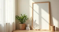 Wooden-framed leaning mirror beside a console table with a potted plant and woven basket against a cream wall.
