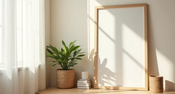 Wooden-framed leaning mirror beside a console table with a potted plant and woven basket against a cream wall.