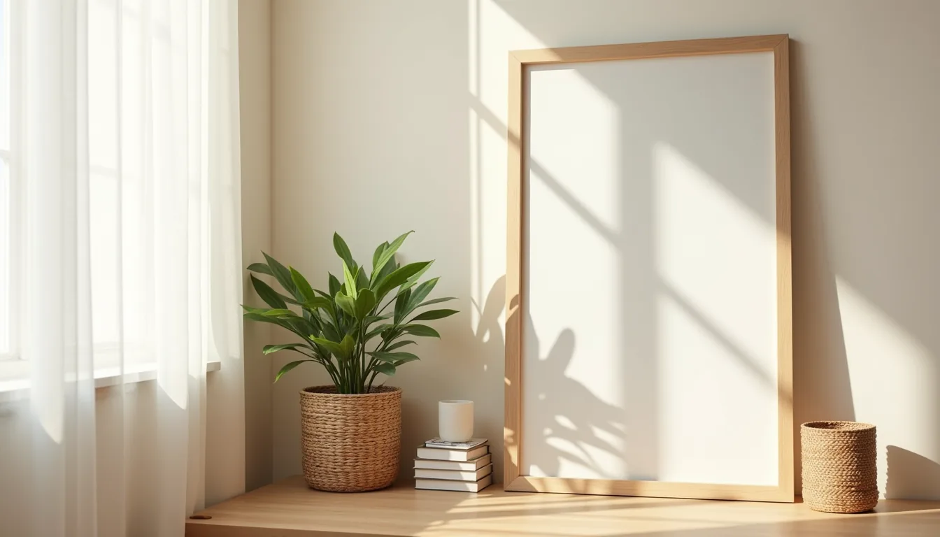 Wooden-framed leaning mirror beside a console table with a potted plant and woven basket against a cream wall.