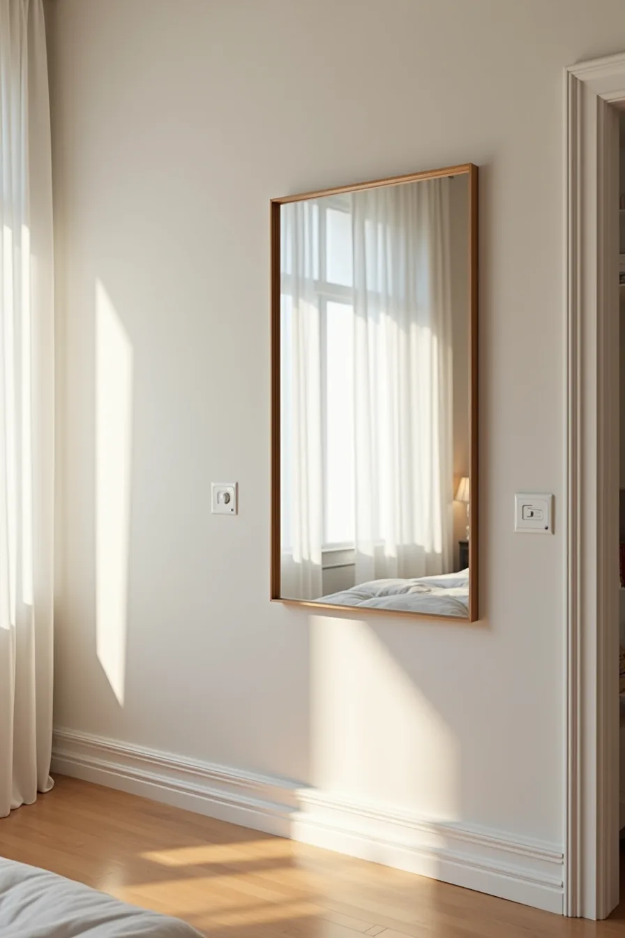 Metal-framed square mirror on a narrow bedroom wall reflects the opposite corner to enhance the sense of depth.