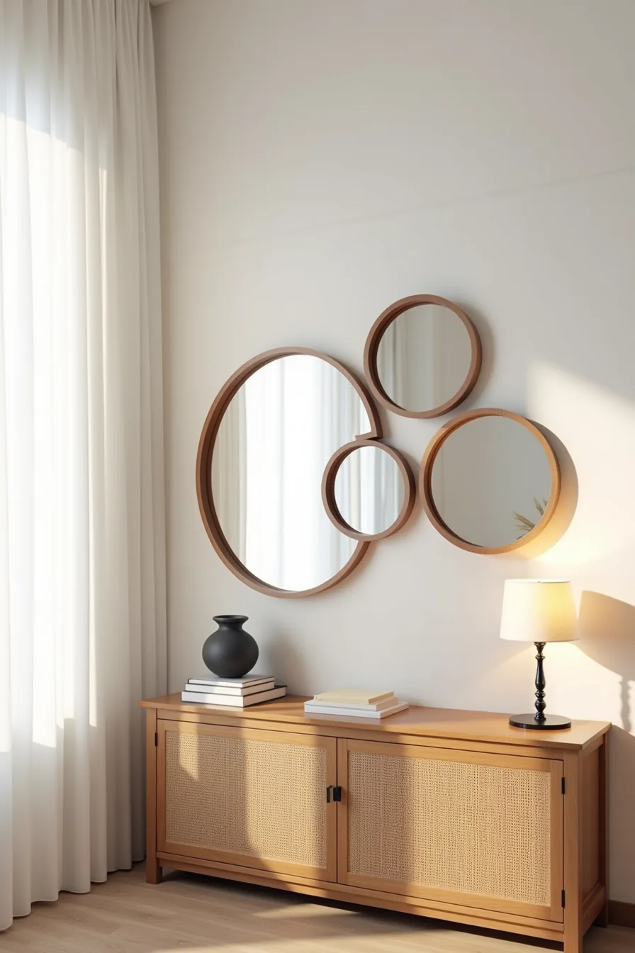 Three mirrors with wood, metal, and rattan frames arranged above a console table in a living room.