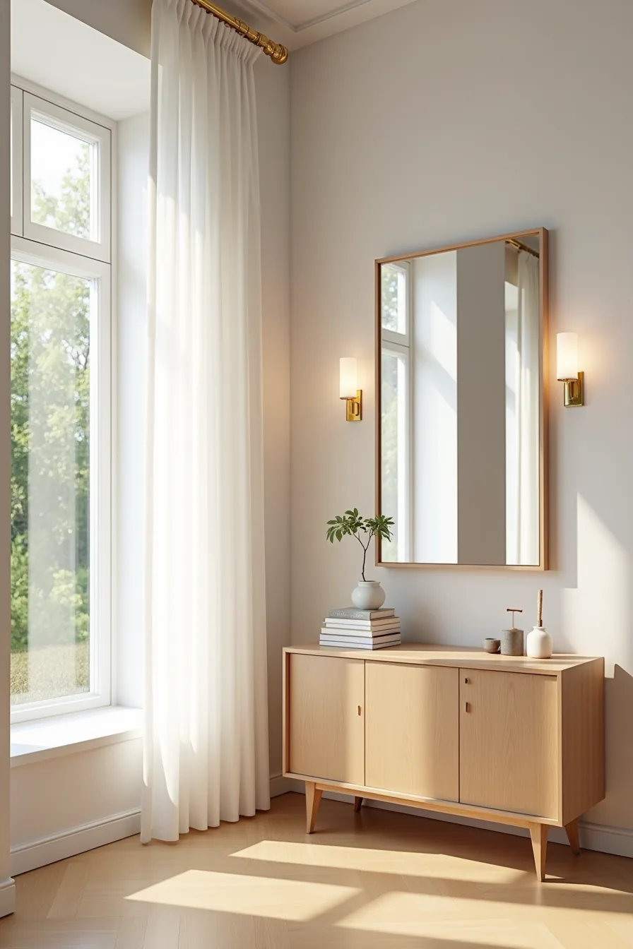 Large rectangular mirror above a credenza reflects bright window light and outdoor greenery across the room.