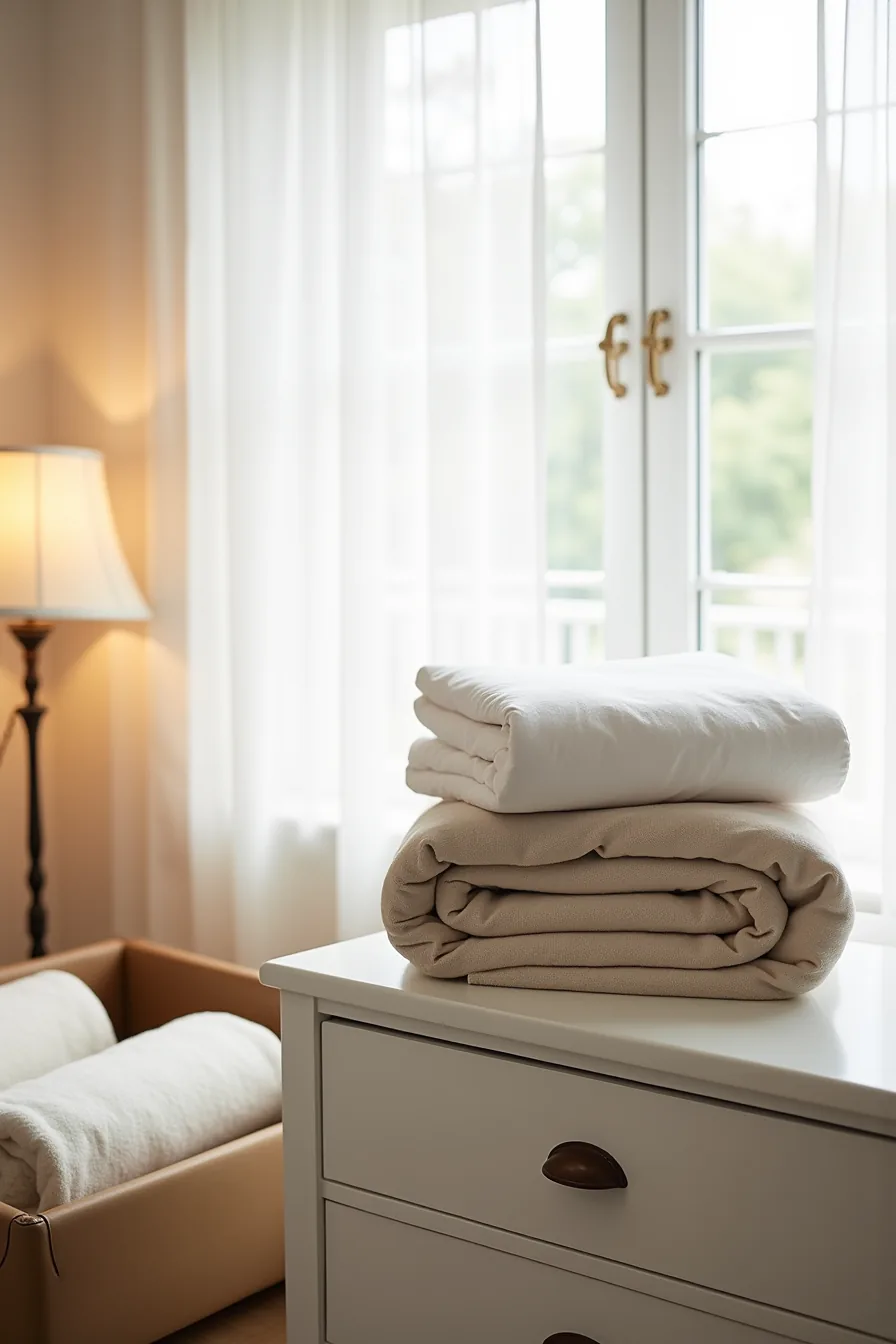 Three folded blanket covers in different weights arranged next to an open storage ottoman containing rolled blankets.