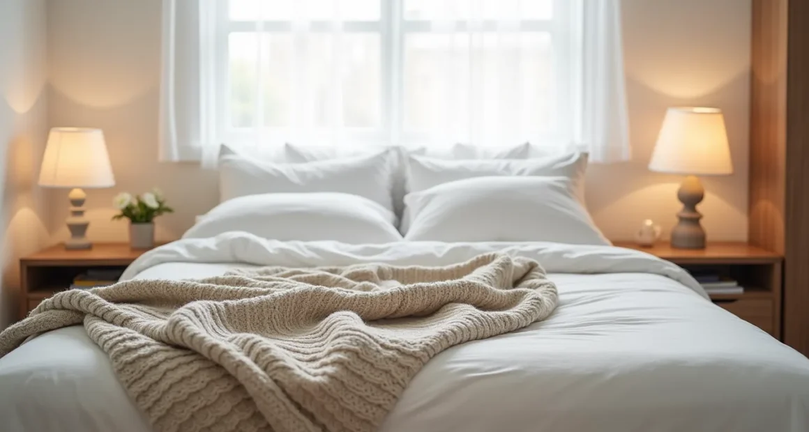 Three different blanket layers arranged on a bed showing quilted cotton, chunky knit, and linen textures from above.