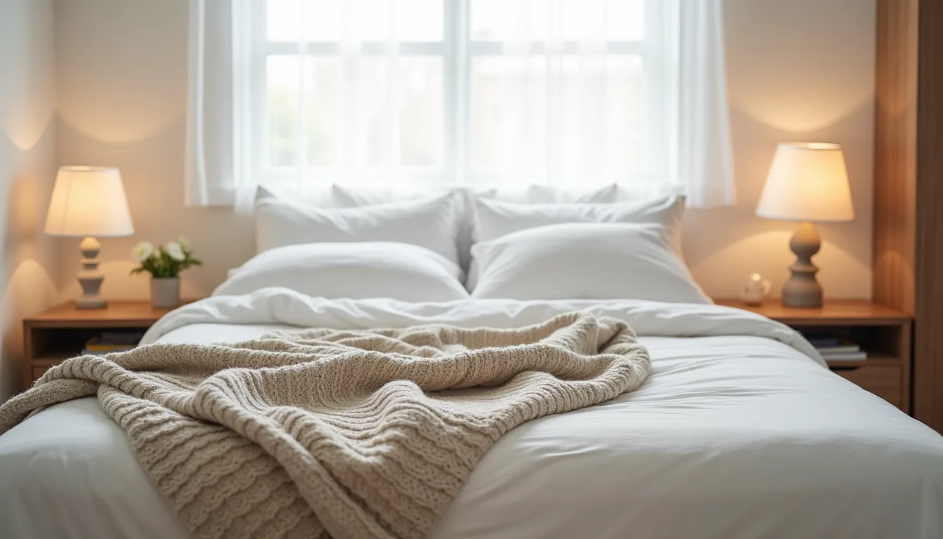 Three different blanket layers arranged on a bed showing quilted cotton, chunky knit, and linen textures from above.
