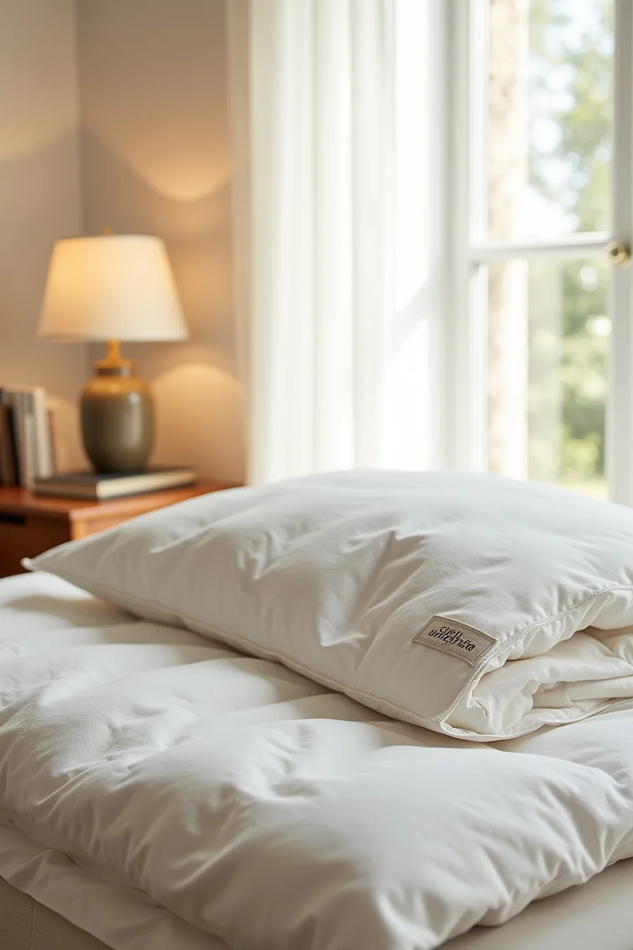 Luxury blanket cover detail displaying fine stitching, woven label, care tag, and fabric swatch on a neutral surface.