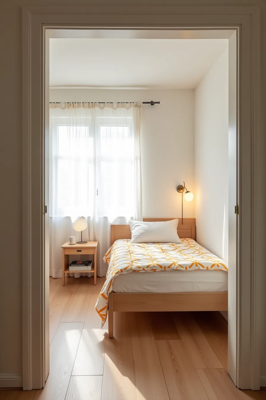 Twin bed with a geometric patterned blanket cover positioned in a studio apartment corner with a nightstand nearby.