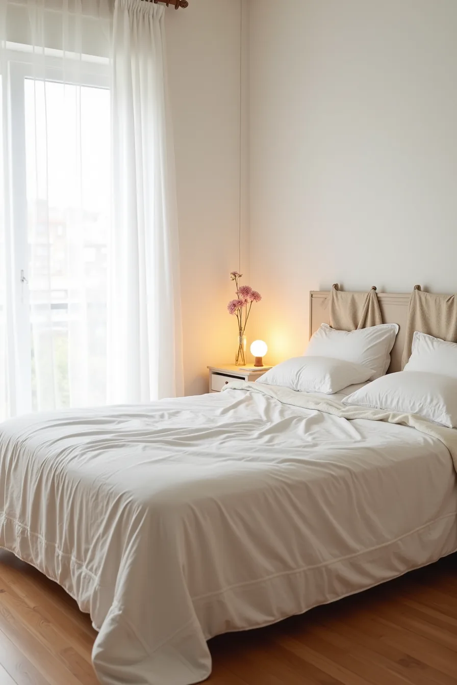 Bed with removable blanket cover secured by clips, tension rod with throw, and wall hooks holding a rolled backup cover.