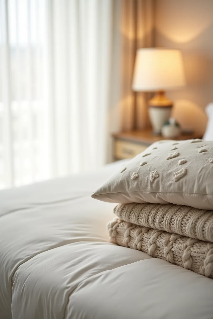 Three blanket fabrics stacked diagonally on a bed corner showing satin, cable-knit, and thermal cotton weaves.