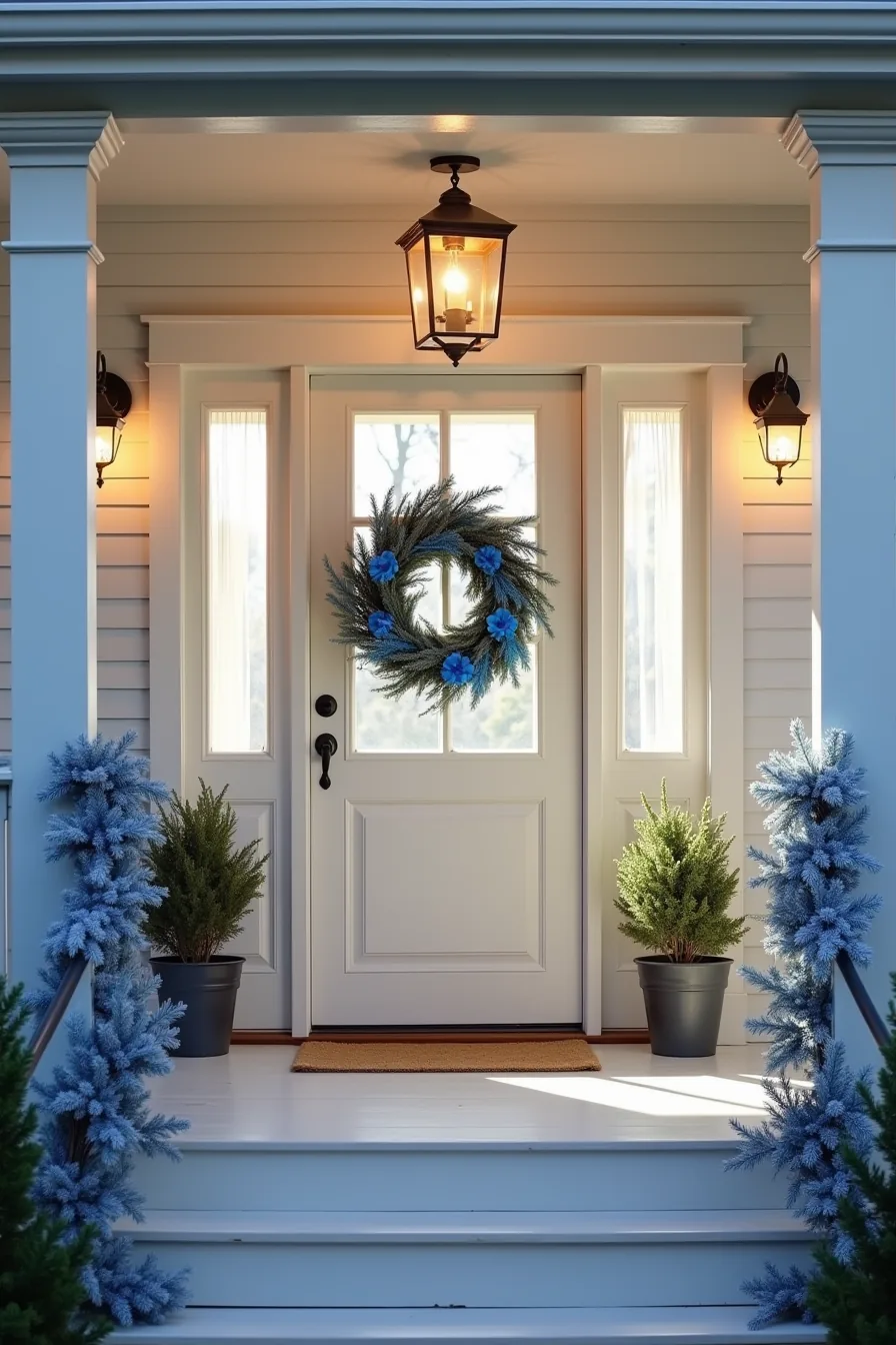Front porch decorated with a blue wreath, blue LED net lights, and blue and silver garland along the railing.