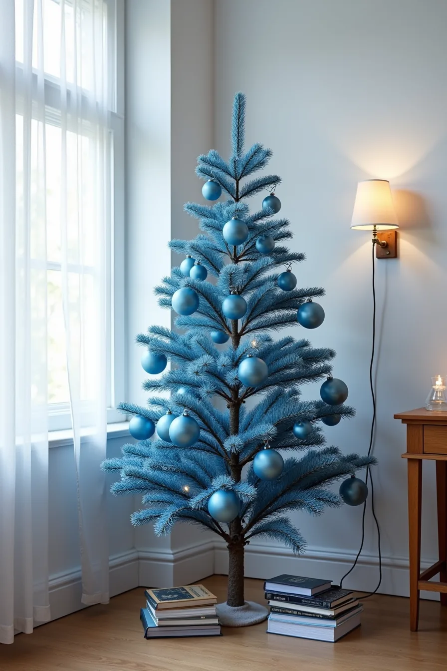 Blue spruce tree decorated with cobalt and periwinkle glass ornaments and cool white lights in a studio apartment corner.