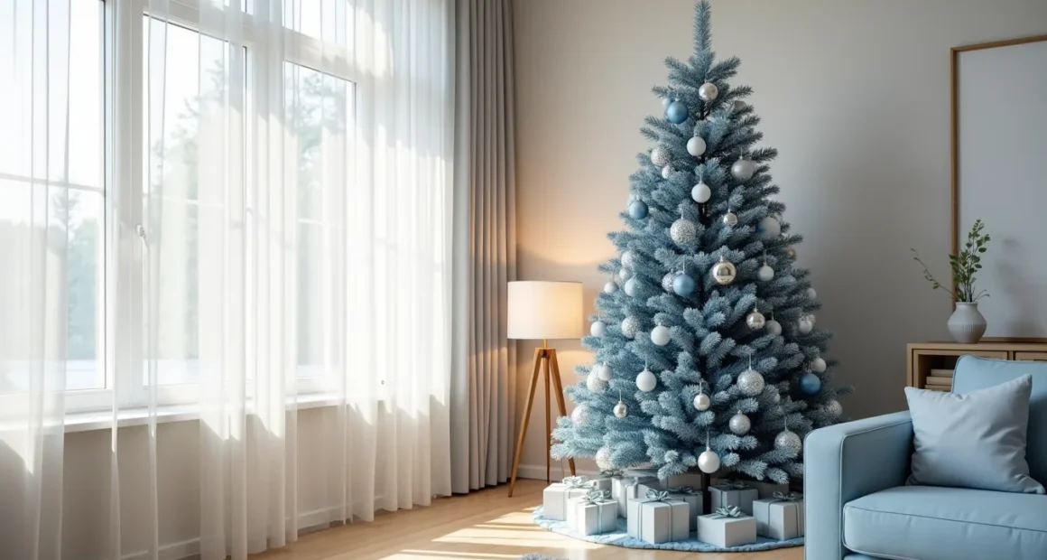 Blue Christmas tree with silver and white ornaments stands in a modern living room corner with concrete walls.