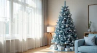 Blue Christmas tree with silver and white ornaments stands in a modern living room corner with concrete walls.