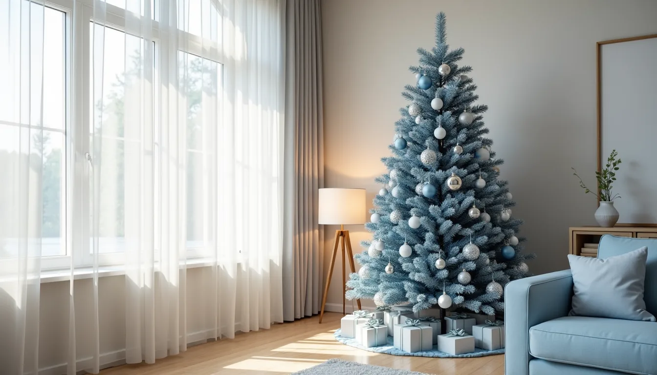 Blue Christmas tree with silver and white ornaments stands in a modern living room corner with concrete walls.