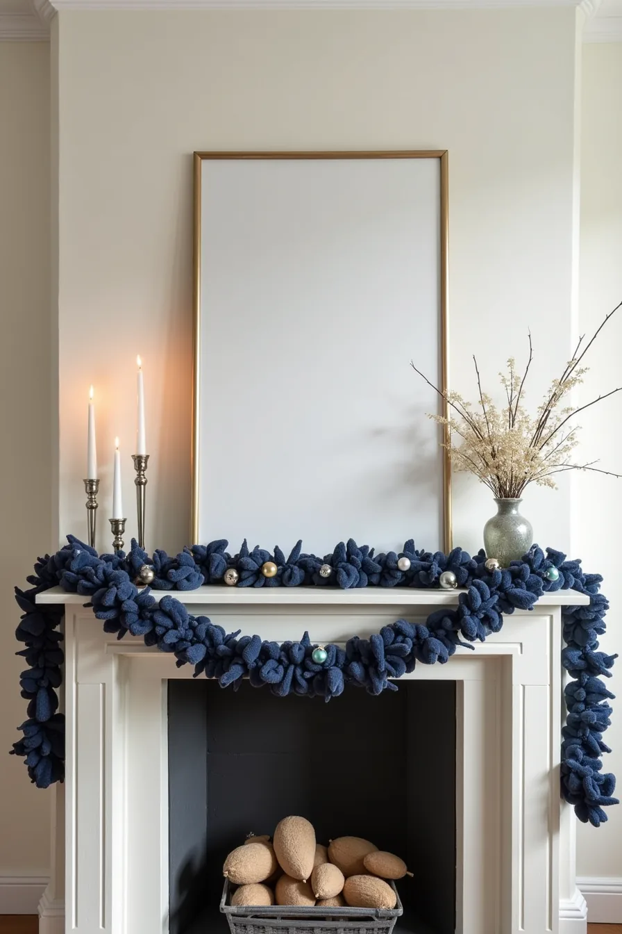 Navy velvet garland drapes a fireplace mantel adorned with silver candlesticks, blue baubles, and metallic picks.