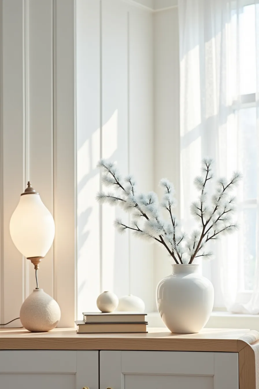 White ceramic vase displays pale blue and white frosted branches with white ornaments on a natural wood shelf.