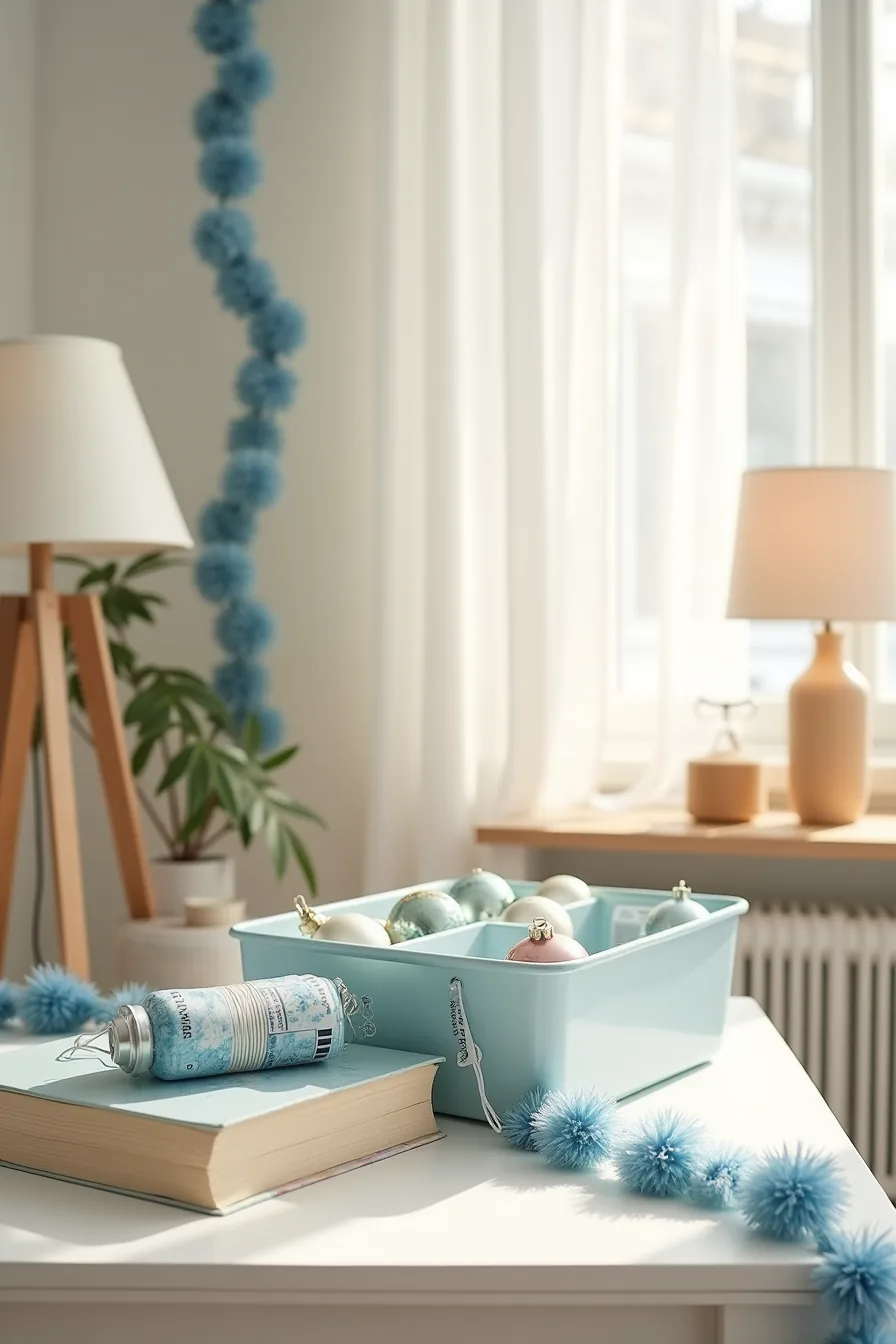 Overhead view of removable blue garland, command strips, ornament hooks, labeled storage bin with glass ornaments, and