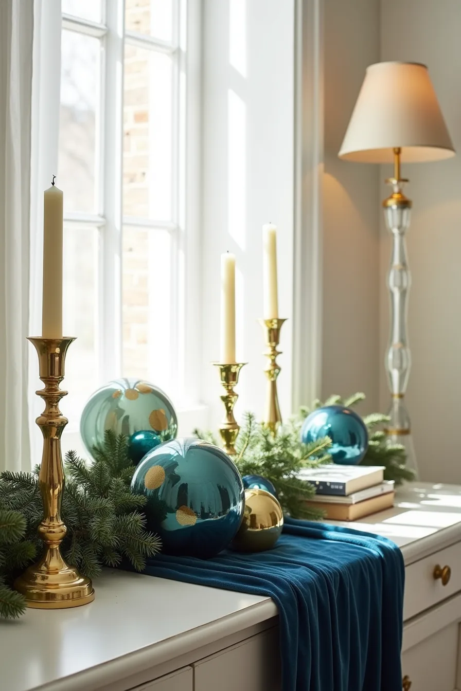 Console table styled with sapphire velvet runner, gold candlesticks, cream candles, teal and navy ornaments, and