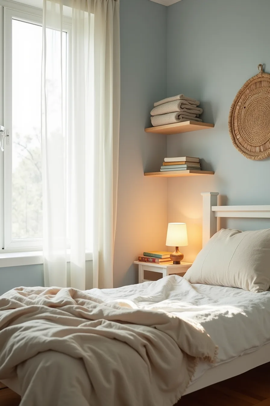 A small dorm room with soft blue-gray walls, white bed frame, woven wall hanging, wooden shelves holding cream linens, and