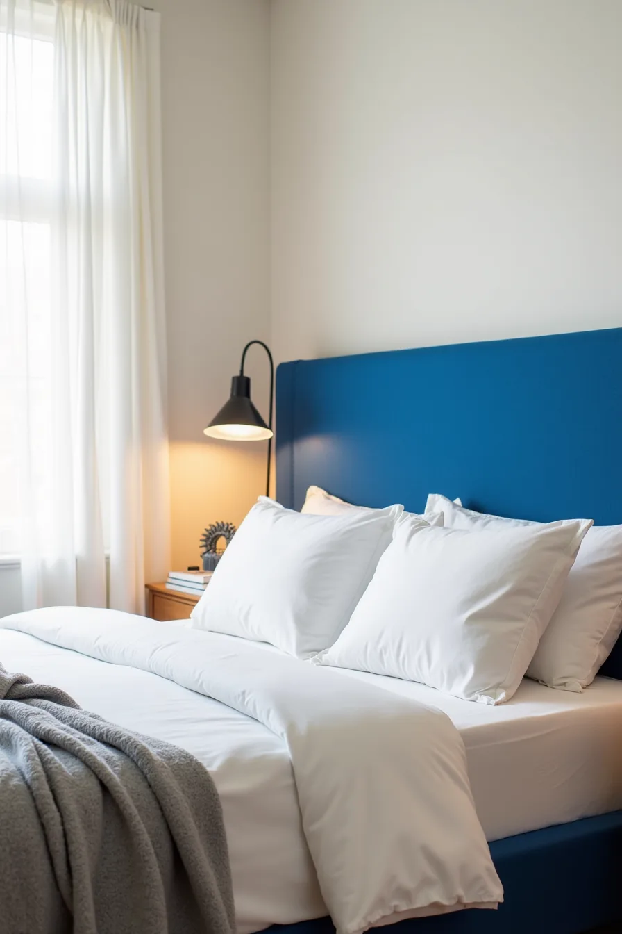 A cobalt blue upholstered headboard with white pillows, gray throw blanket, bedside lamp, and side table against a neutral