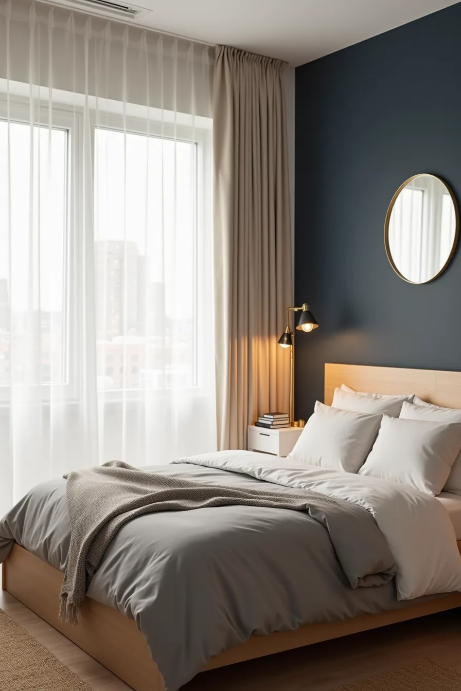 Deep navy wall behind a bed with gold-framed mirror, brass lamp, gray bedding, white side table, and warm-toned area rug.