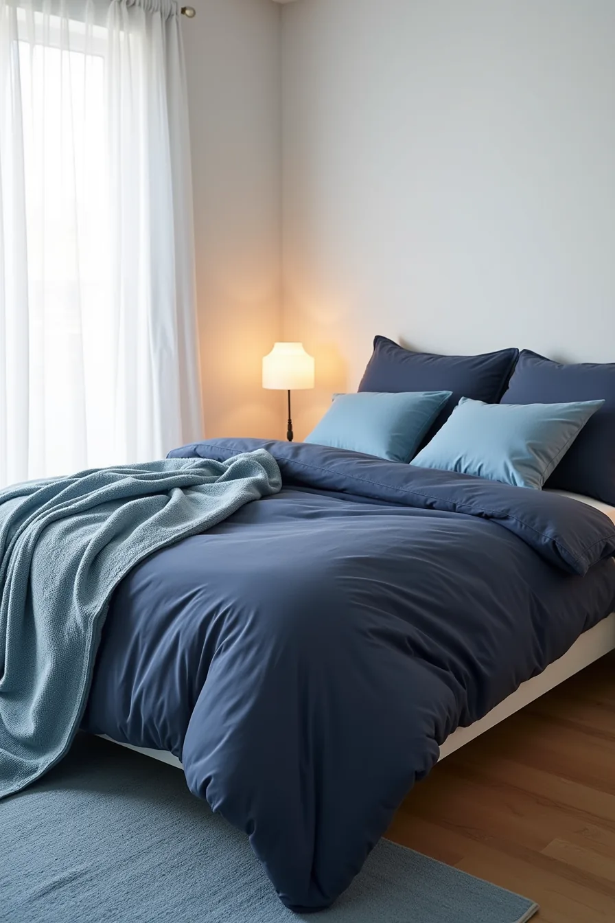Layered blue bedding on a white frame includes a navy duvet, light blue throw blanket, patterned pillows, and medium blue