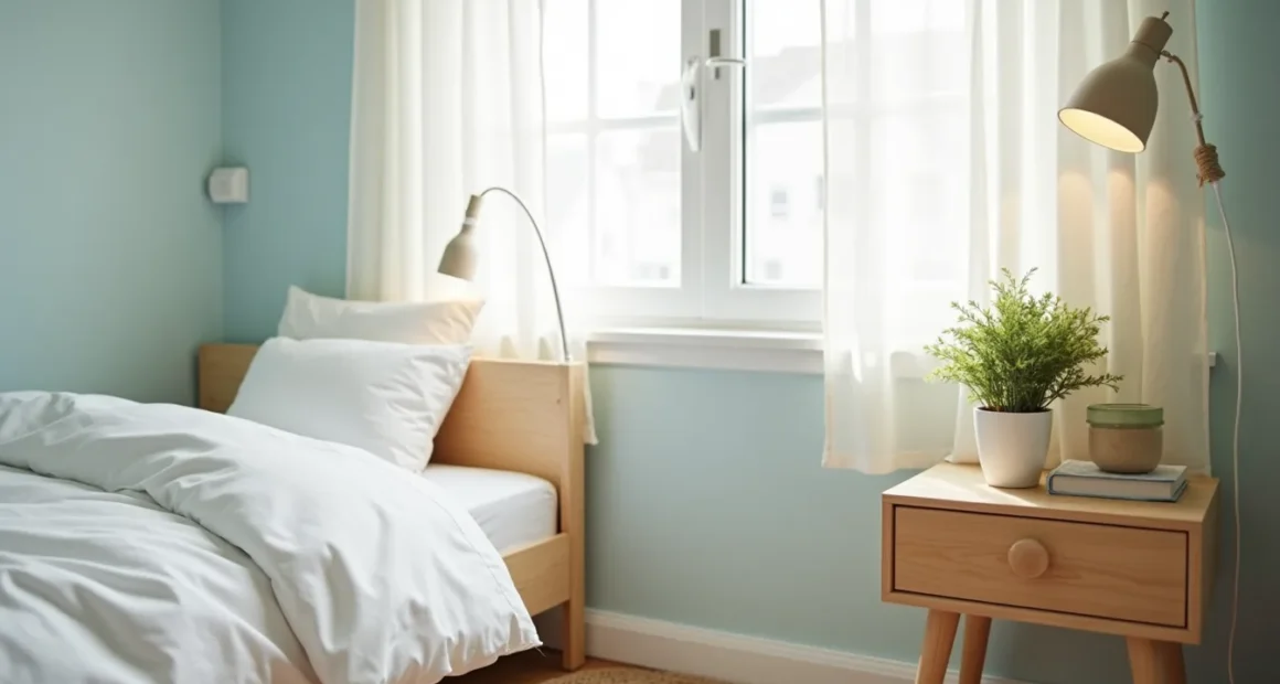 Pale blue walls frame a desk corner with white bedding, wooden nightstand, potted plant, and jute rug edge in natural window